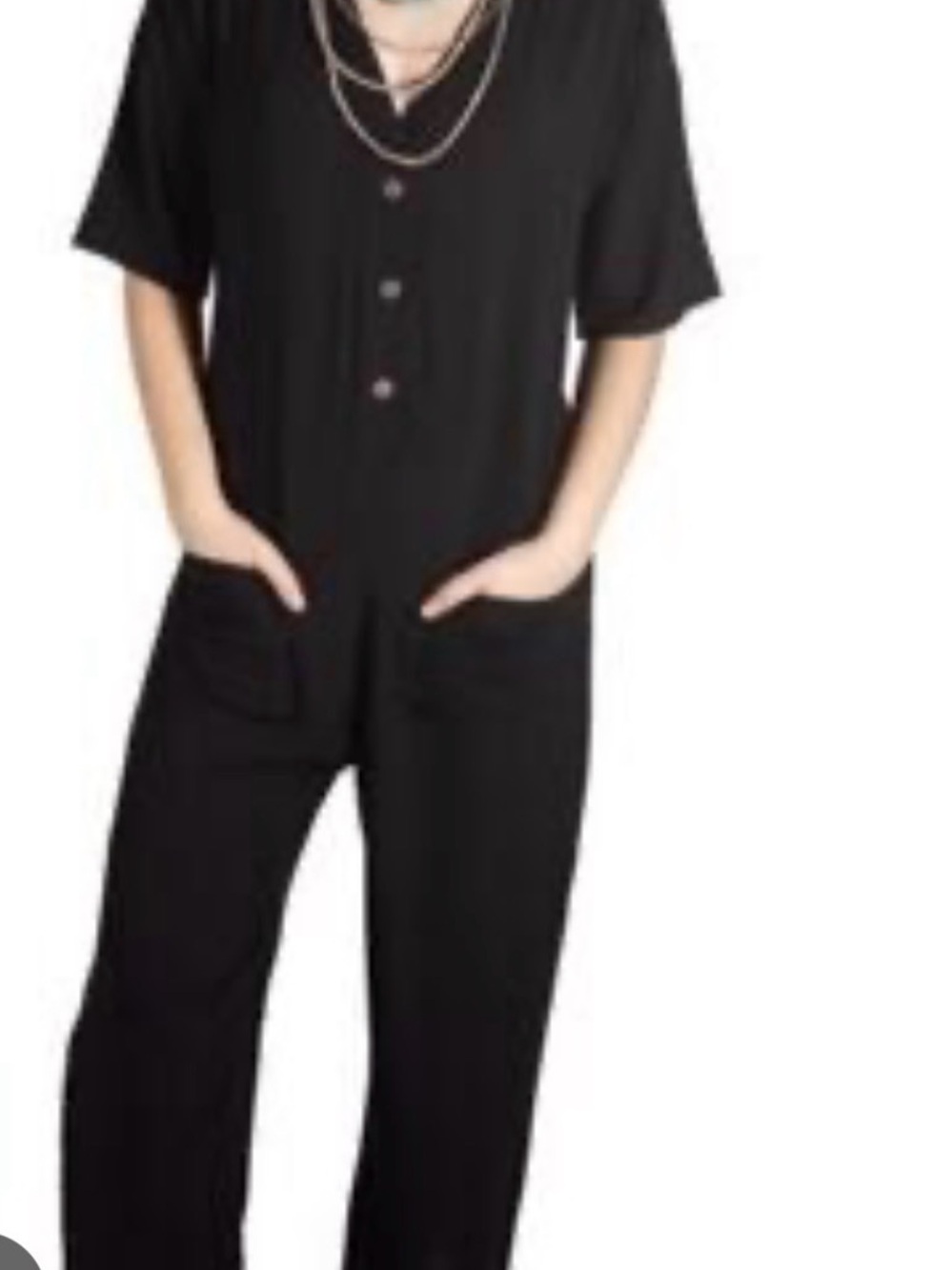 Black Short-Sleeve Button Front Jumpsuit